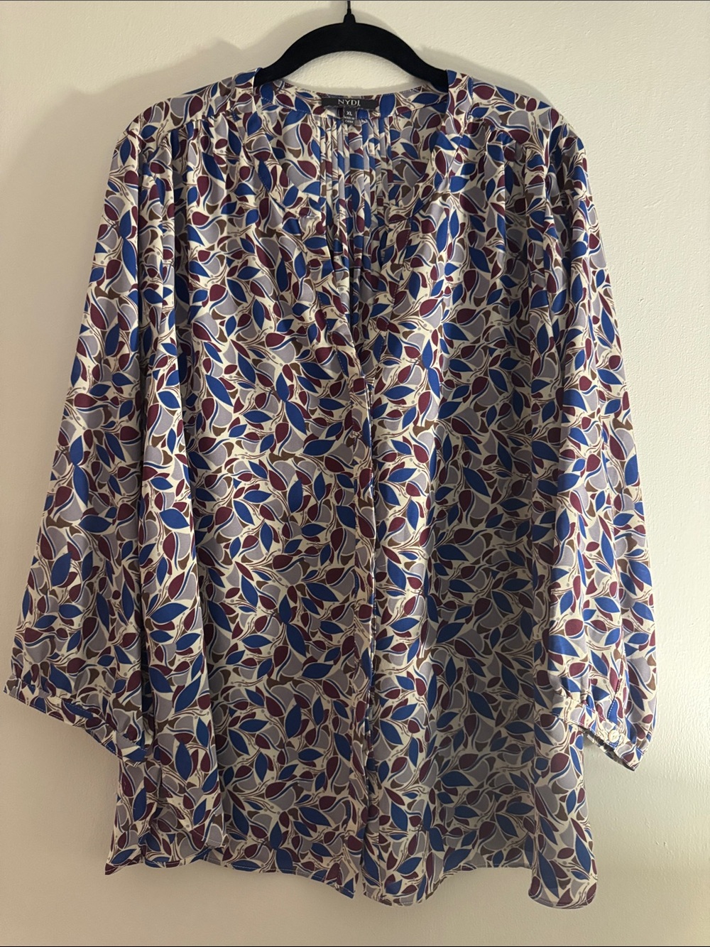 NYDJ Navy, Burgundy and Cream Leaf-Print Tunic Blouse